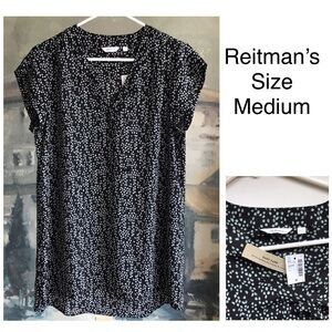 Reitmans Flattering Style Blue Grey Dots On Blue Pattern Blouse Tunic Size Med